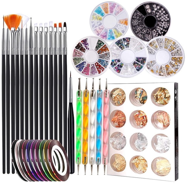 Nail Art Design Tools, Nail Accessories Art Kit with Nail Painting Brushes, Nail Dotting Tools, Manicure Tapes, Color Rhinestones Perfect Girl Gift Set