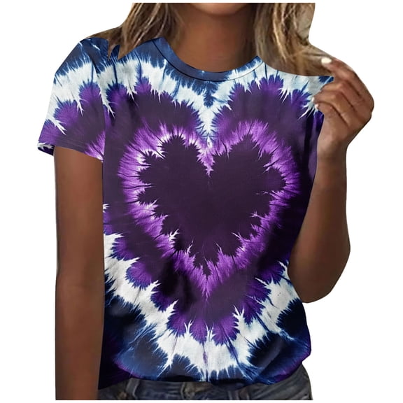 Kilaqueen Valentines Day Womens Tops Tie Dye Heart Print Crew Neck Short Sleeve Pullover Tops Casual Fashion Relaxed Fit Gift Shirts