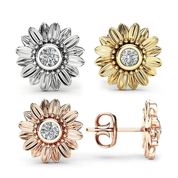 Opvise Elegant Sunflower Inlaid Cubic Zirconia Women Fashion Jewelry Ear Stud Earrings