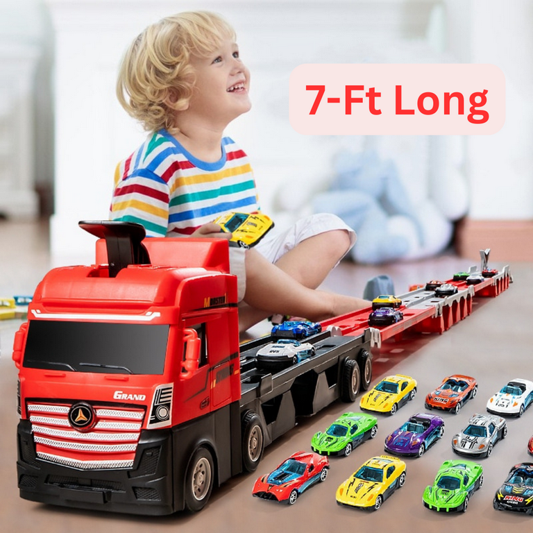 LOVEALOTTER Folding Race Car Hauler Truck Toy for Kids Mega Carrier Cars Transporter with Folding Storage Convertible 7 Foot Drag Racing Track