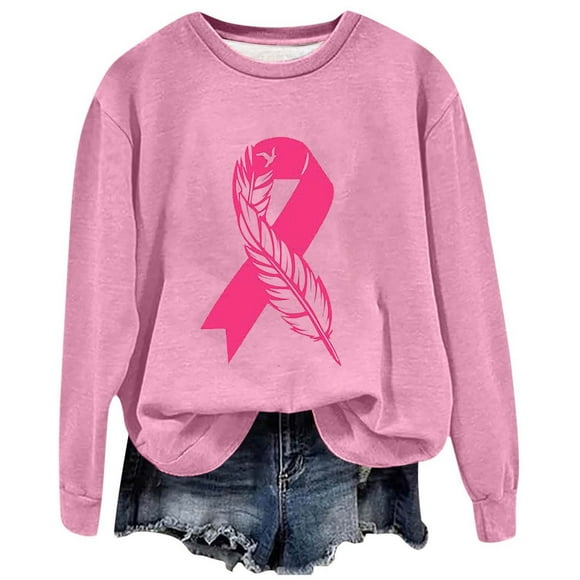 WEAIXIMIUNG Camo Sweatshirt Xs 2024 Fashion Ladies Casual Cancer Day Ribbon Feather Print Round Neck Long Sleeve Hoodless Sweatshirt Raglan Sleeve Top