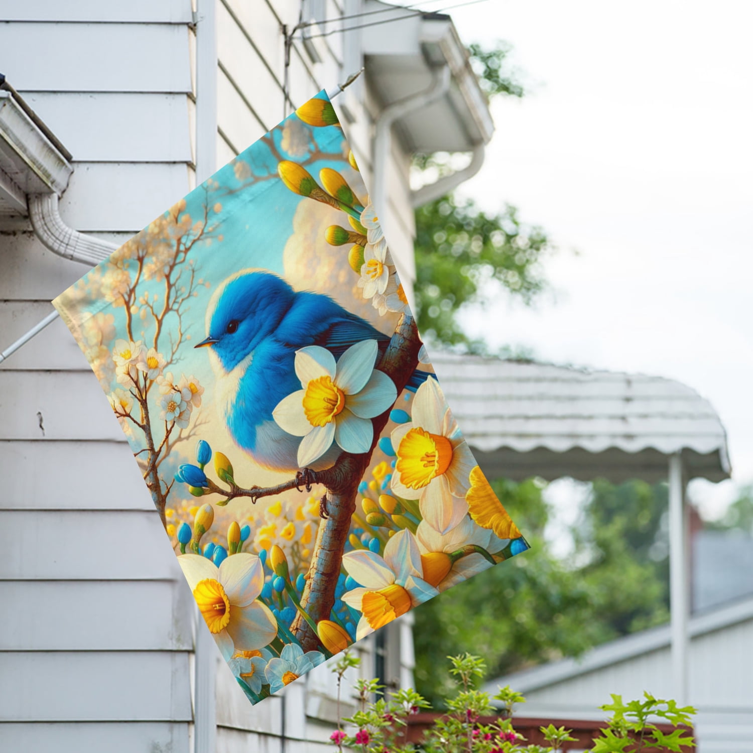 America Forever Spring Bluebird House Flag, 28x40 inch Double Sided, Bluebirds and Daffodils, Spring Summer Floral Flowers Seasonal Holiday Outdoor Yard Decoration
