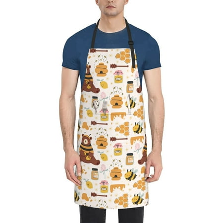 

Vsdgher Cute Bee Honey Jar Hive Bear Waterproof Apron with 2 Pockets Kitchen Chef Aprons Bibs for Grooming Cooking Baking Painting Gardening