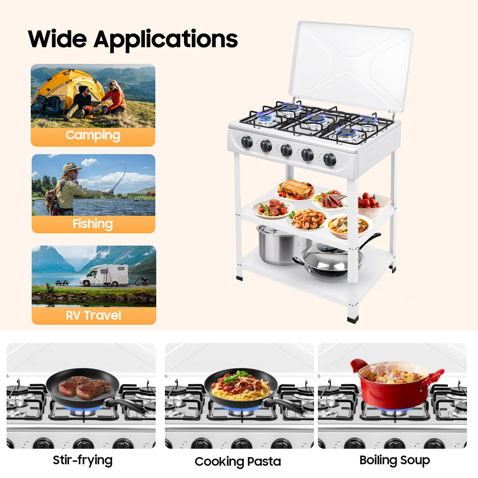 TFCFL Natural Gas Stove 5 Burners Portable Camping Stove 300000 BTU Outdoor Cooking Gas Stove with 2 Tier Rack