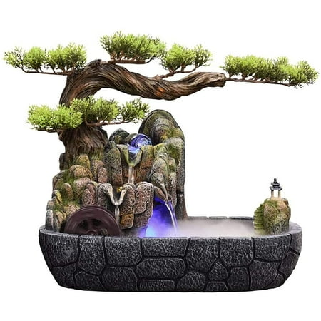 HSD Decorative Fountain Zen 2-Tier Water Fountain and Resin Pine Tree ...