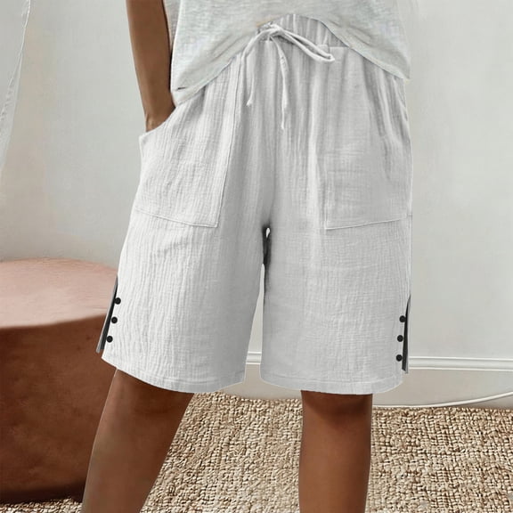 Tdoqot Womens Bermuda Shorts with Pockets- Baggy Elastic Waist Casual Drawstring Cotton Shorts White Size L