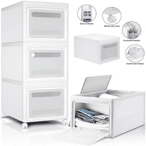 TKOOFN 3 Pack Plastic Stackable Storage Bin with Lid Closet Organizer Box, White