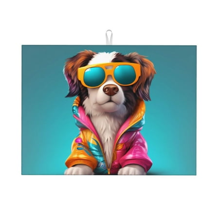 

Coaee Colorful Sunglasses Dog for Kitchen Drying Mat Dish Drying Mats for Kitchen Counter Foldable Water-Absorbent Suitable for Draining Racks