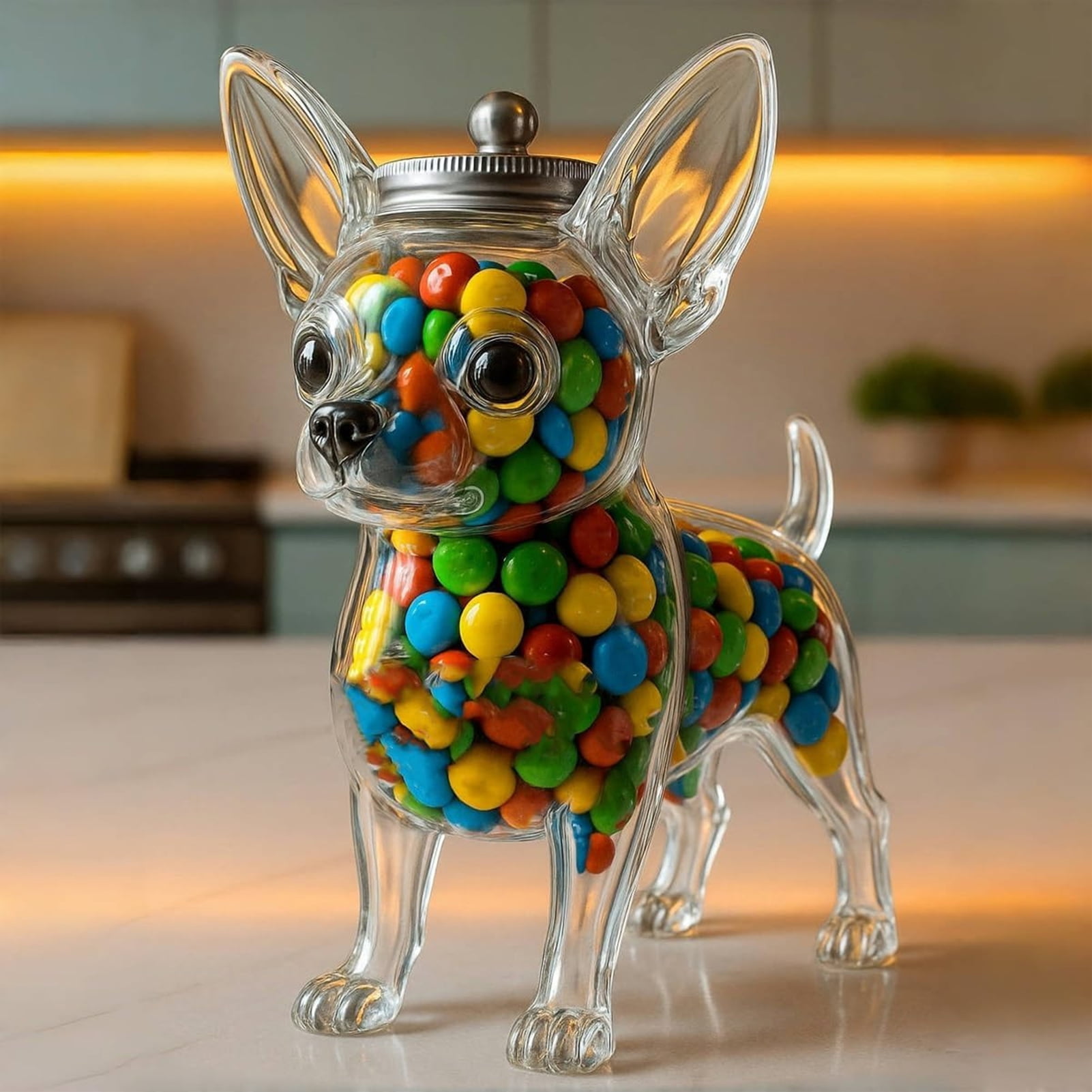 Dserhfy Pet Treat Jar Reusable Dog Shape Glass Airtight Pet Food Storage Container Chihuahua/French Bulldog/Dachshund Candy Snack Holder with Lid for Kitchen Countertop