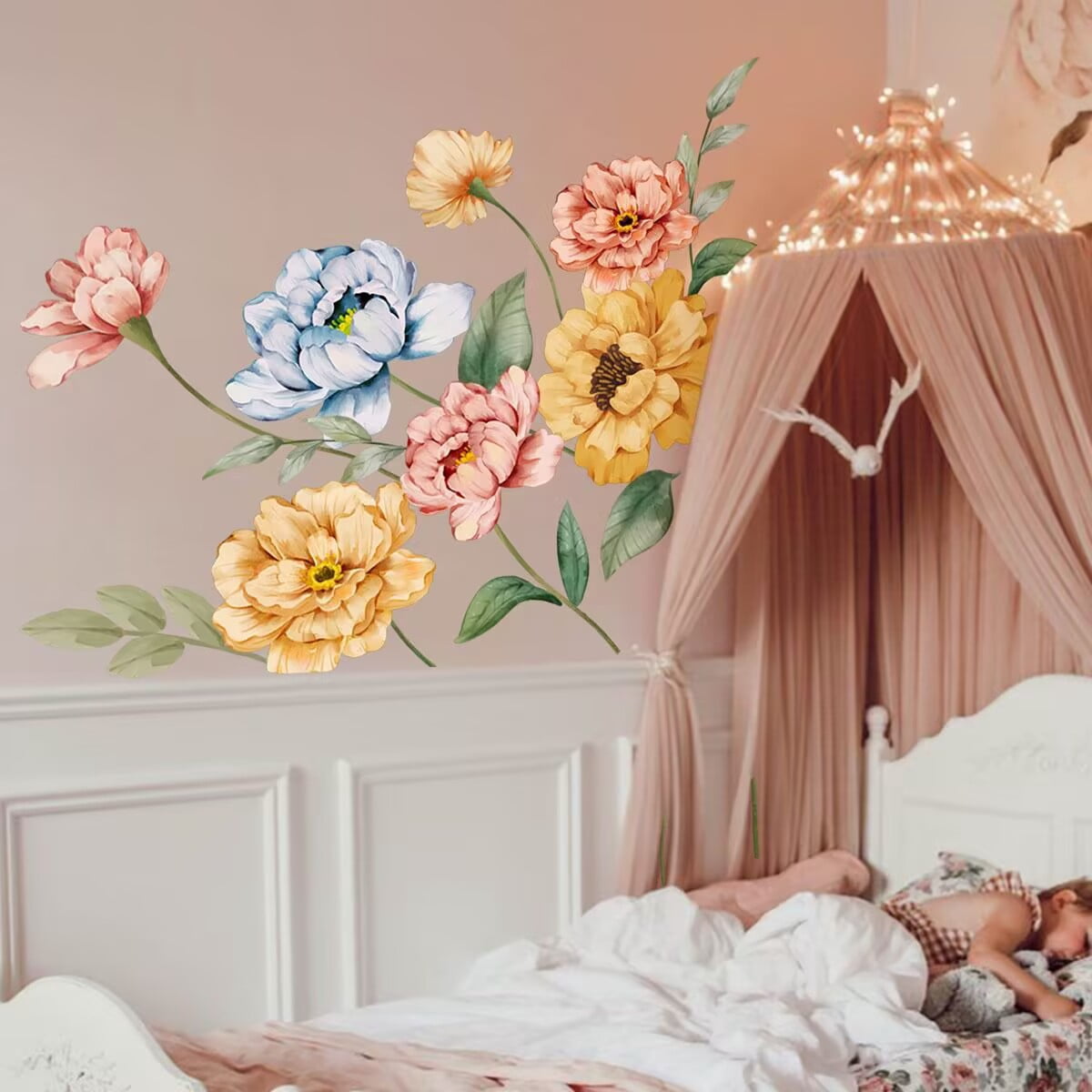 Large Peony Flowers Wall Decals Colorful Peony Blossom Wall Stickers Self-Adhesive Floral Vinly Wall Art Decor for Girls, Women Living Room Bedroom Bathroom Yoga TV Sofa Backdrop