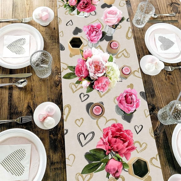 Heart Pattern Table Runner Khaki Color Flax Tablecloth for Valentine Dinner Wedding Anniversary Romantic Home Decor Table Setting 4 Sizes