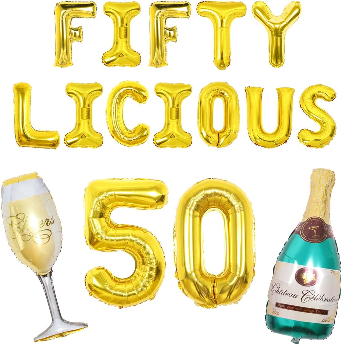Happy 50th Birthday Balloons, Fiftylicious Balloon Banner Gold for Men  Women Funny 50th Birthday, Number 50 Champagne Wine Glass Foil Balloons, 50th  Birthday Decorations Milestone Bday Decor 