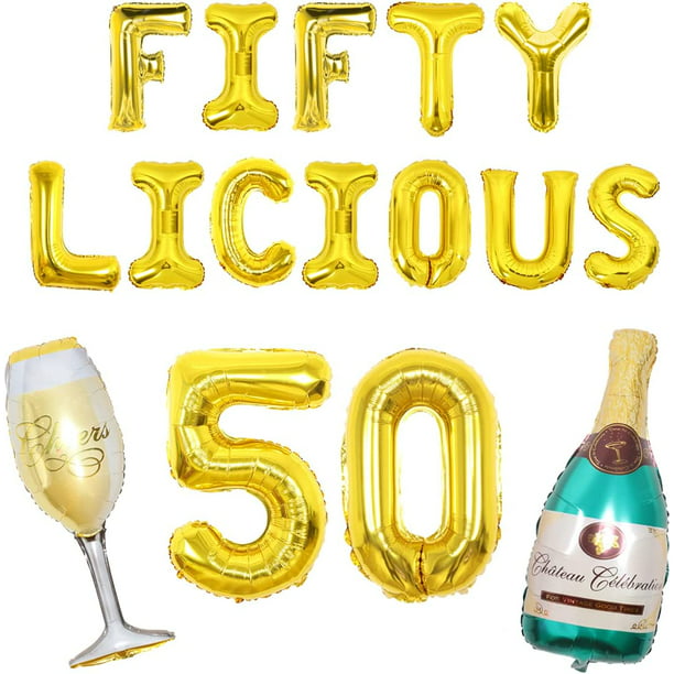 Happy 50th Birthday Balloons, Fiftylicious Balloon Banner Gold for Men  Women Funny 50th Birthday, Number 50 Champagne Wine Glass Foil Balloons, 50th  Birthday Decorations Milestone Bday Decor 