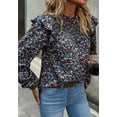thumbnail image 4 of Floral Print Ruffle Shirred Neck Long Sleeve Blouse for Women Navy Small, 4 of 5