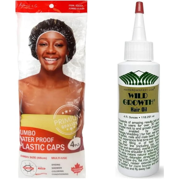 4 Jumbo Shower Caps + Wild Growth Hair Oil, 4oz - Protect and Nourish Your Hair in Style