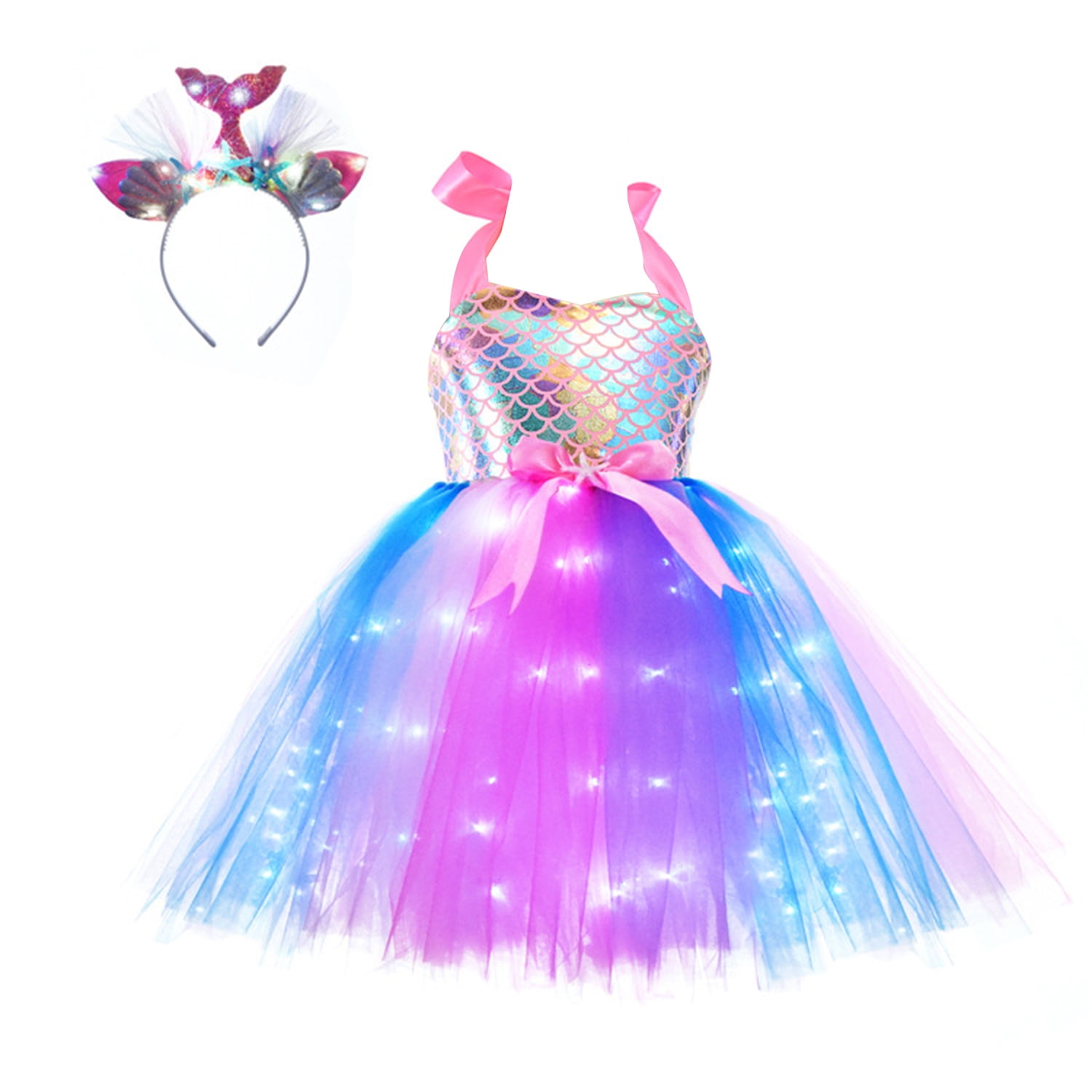 Phenas Girls Mermaid Costume Led Light Up Mermaid Princess Tutu Dress