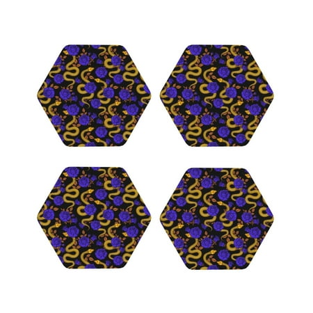 

Tideii Golden Snake And Purple Rose for Leather Coasters 4 Pieces Anti-fouling and Anti-scalding Decorative Coasters Suitable for Restaurants Kitchens Coffee Shops-Hexagon