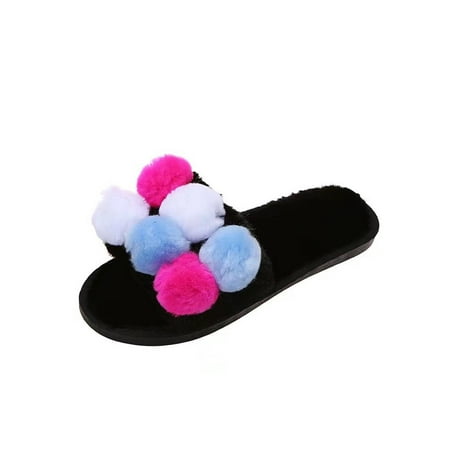 

Woolen Velvet Women s Winter Slip On Flat Slippers Ladies Casual Warmer Shoes Colourblock Ball Decor