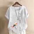 thumbnail image 2 of Yxbdin Plus Size Shirts for Women Linen Roll Up Short Sleeve T Shirts Floral Print Crew Neck Tops Casual Summer Vacation Shirt for Going Out White*6 XXXL, 2 of 6