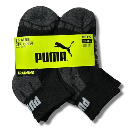 PUMA SOCKS BOYS X6 - QUARTER CUT 243 - CUBE BLACK - SMALL SZ SHOE 4-8.5 - 6 PACK