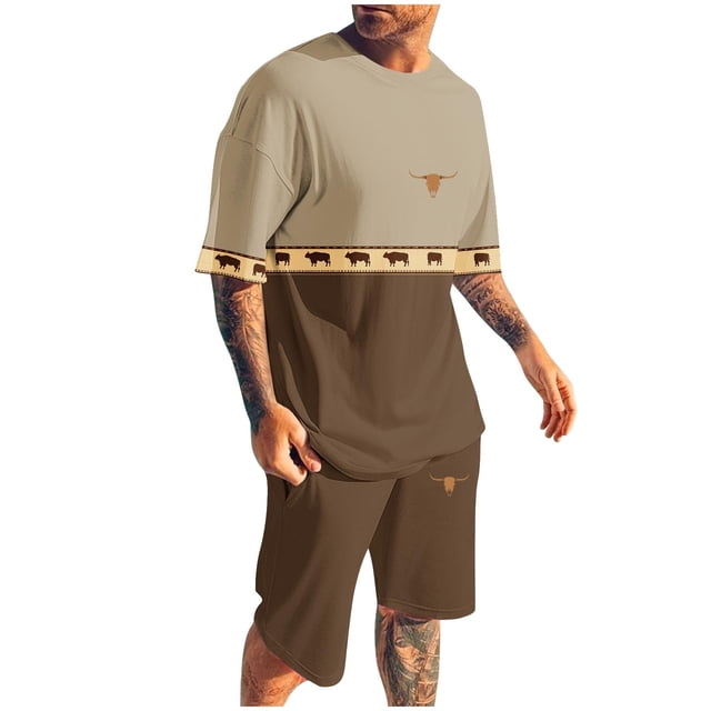 Pantalones Elásticos de la Cintura de los Hombres de la Impresión de los Pantalones Cortos Delgados Deportivos, Cuello Redondo de la Blusa de Manga Corta