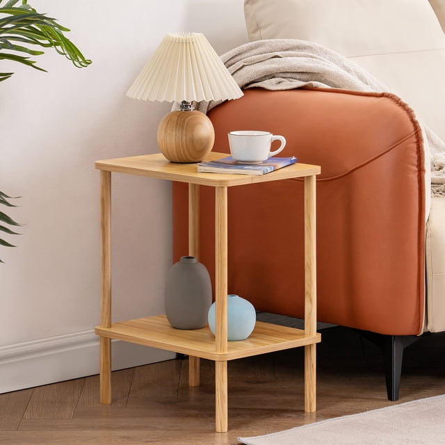 Mesa auxiliar Apicizon de 2 niveles con estante de almacenamiento y patas de madera maciza