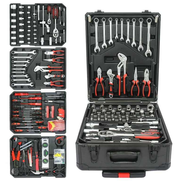 Tool Sets Tool Box with Tools, Tool Kit with Rolling Tool Box,Household  Tool Set, Aluminum Trolley Case Tool Setas with 4 layers of Toolset