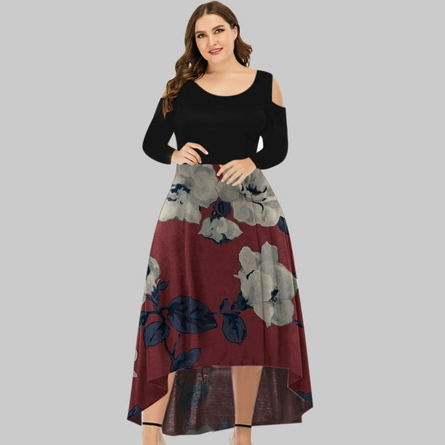 LSLJS Plus Size Women Sexy Round Neck Off Shoulder Floral Printed Strapless Gradient Splicing Long Sleeve Pullover Irregular Hem, Cocktail Dresses for Women Evening Party