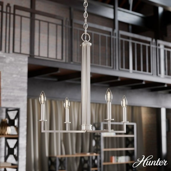 Hunter - Bearden 4-light Brushed Nickel, Large Chandelier, Dimmable, Candle Shaped, for Bedrooms, Dining, Living Rooms - 19623