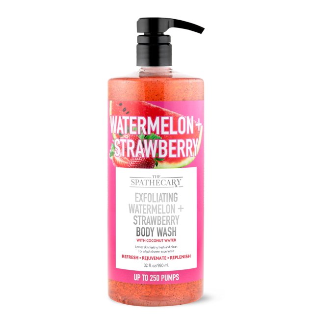 The Spathecary Exfoliante de sandía + gel de baño de fresa con exfoliante corporal de coco para refrescar, rejuvenecer, reponer la piel, cuidado corporal nutritivo para mujeres y hombres, libre de cru