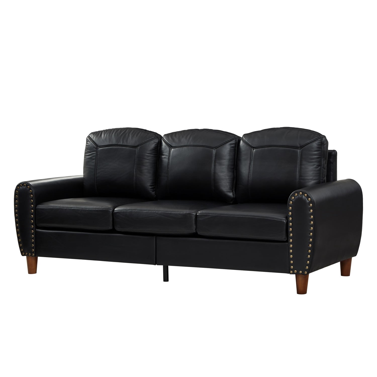 81.5" Classic Faux Leather Sofa Couch Rolled Arm Upholstered PU Leather Living Room Sofa with Solid Wood Legs, 3 Seater Couch for Home Office, Black