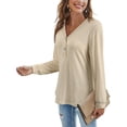 thumbnail image 3 of Camiseta de manga larga de color sólido con cuello en V para mujer, blusa suelta informal, caqui, S Scienceny AP003714-11, 3 of 6