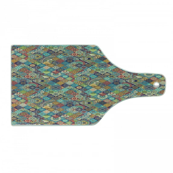 Moroccan Cutting Board, Floral Abstract Ornate Floral Arrangement Oriental Motifs Foliage Pattern, Decorative Tempered Glass Cutting and Serving Board, Wine Bottle Shape, Multicolor, by Ambesonne