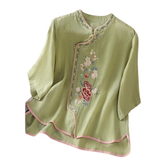 Fgnfyis T-Shirts pour Femmes T-Shirt d'Été Ethnique pour Femmes Broderie Style National Chemise avec Boucle Robe de Thé Col Montant Manches Trois Quarts Chandail à Enfiler Haut Hauts pour Femmes Vert_004 m