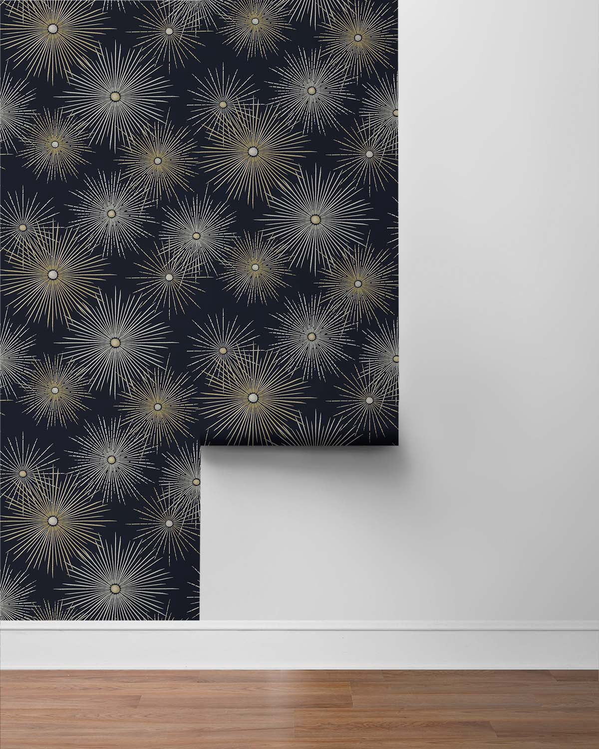 NextWall Midnight & Gold Starburst Geo Peel and Stick Wallpaper