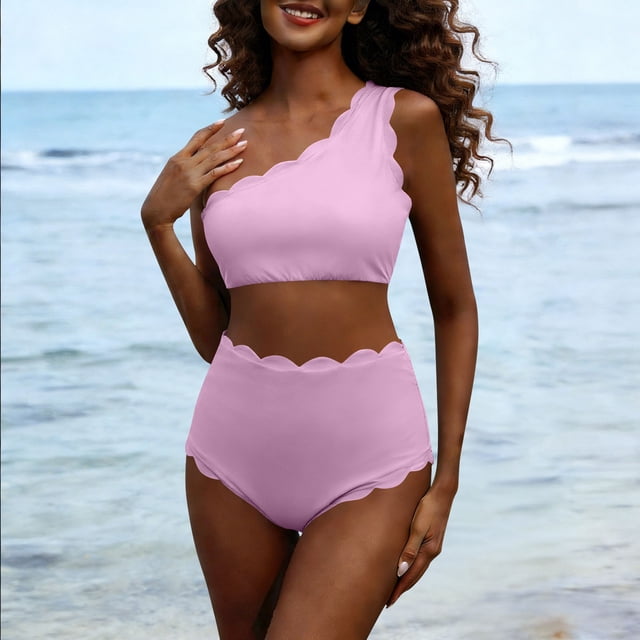 Trajes de baño para mujer Conjunto de traje de baño de dos piezas de cintura alta con un solo hombro y dobladillo ondulado Trajes de baño para mujer Trajes de baño para mujer Trajes de baño de moda de
