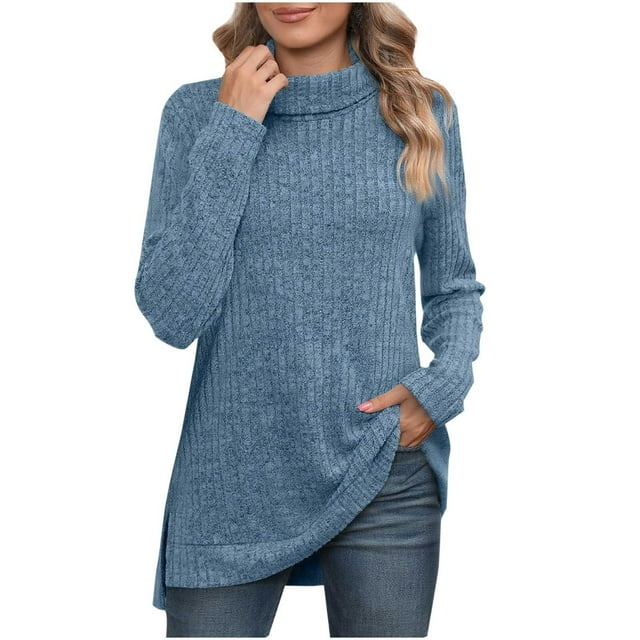 biudgviw Womens Tunic Tops Side Split Long Sleeve Ribbed Knit Sweater Comfy Casual Turtleneck Pullover Tops for Fall Winter