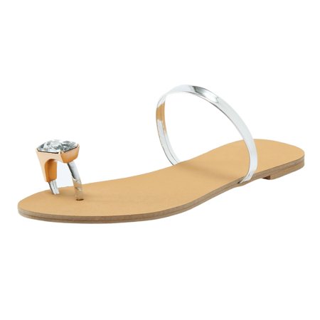 

slipper for Women Fashion Summer Women Slippers Rhinestone Flip Flops Flat Bottom Beach Indoor And Outdoor Casual Solid Color PU Dress Sandals for Women Silver