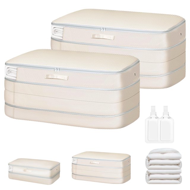 Bolsa de almacenamiento Easortm, edredón de gran capacidad, 110 L, paquete de 2 unidades, color beige
