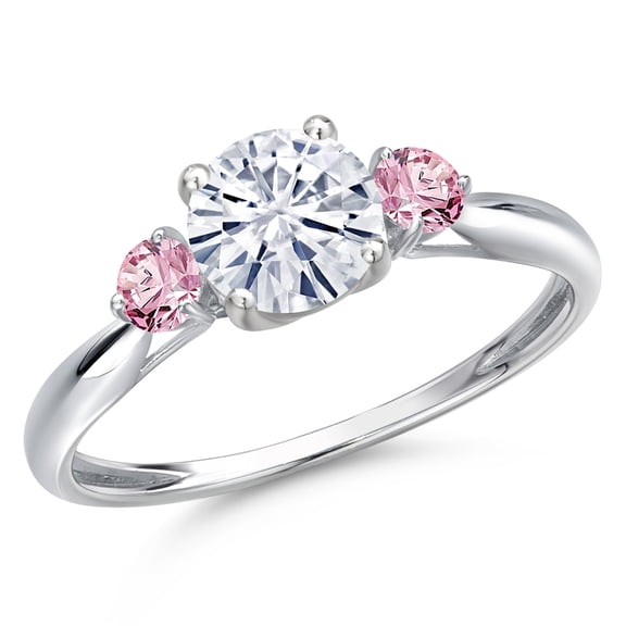 Gem Stone King 10K White Gold White Moissanite and Pink Lab Grown Diamond 3-Stone Ring for Women | 1.06 Cttw | Round 6MM | Gemstone Birthstone | Size 9