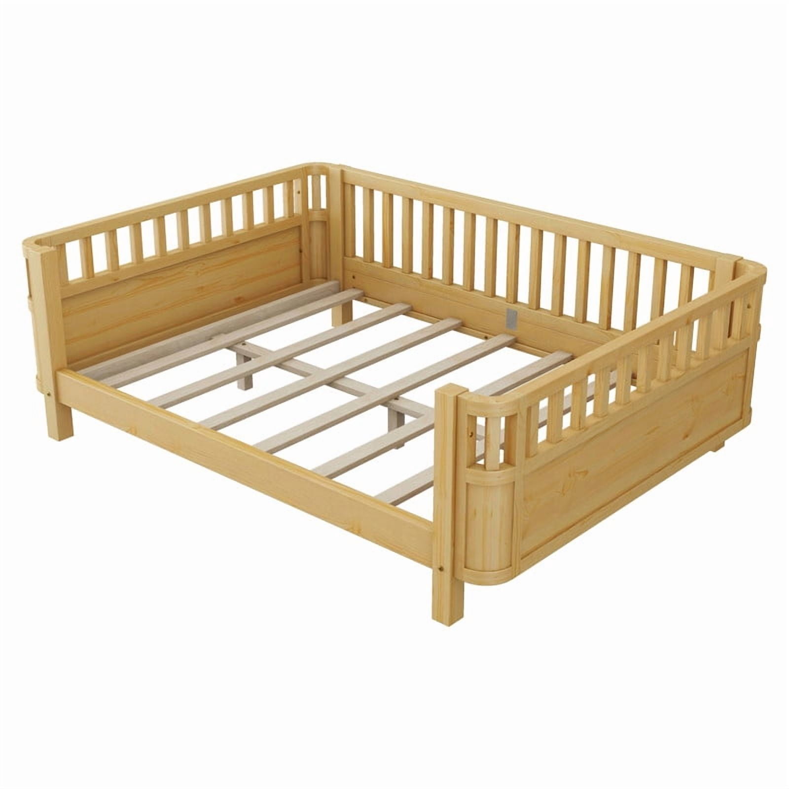Mirightone Full Size Montessori Bed with Guardrails, Wooden Low Profile Bed Frame with Slat Support, Modern Bed with Removable Side Rails, Natural