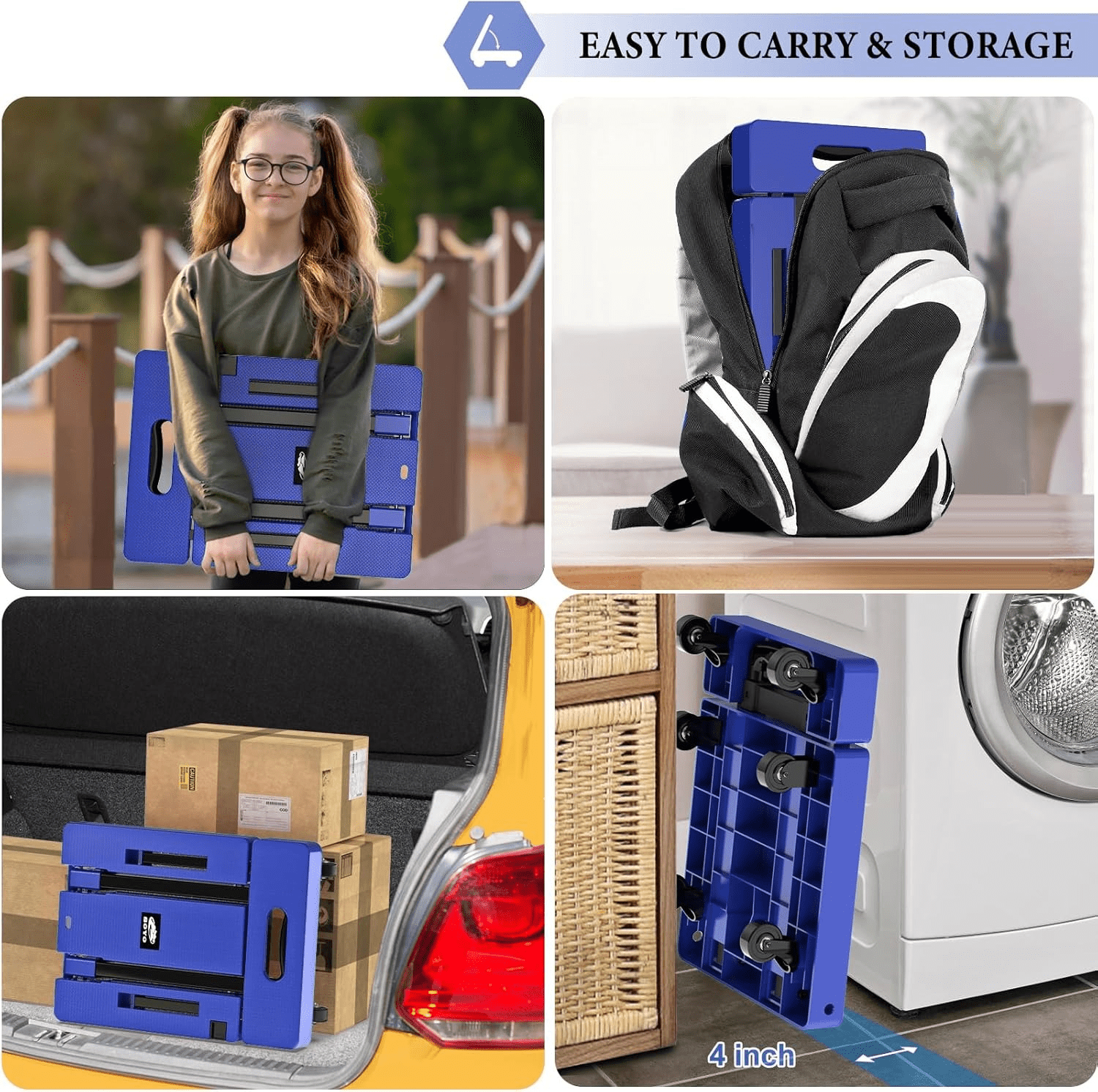 LLMRR Folding Hand Truck, Heavy Duty Dolly Cart, Collapsible Luggage Cart with 6 Wheels & 2 Elastic Ropes, 500 LB Capacity Portable Luggage Cart for Moving, Traveling and Shopping, Blue