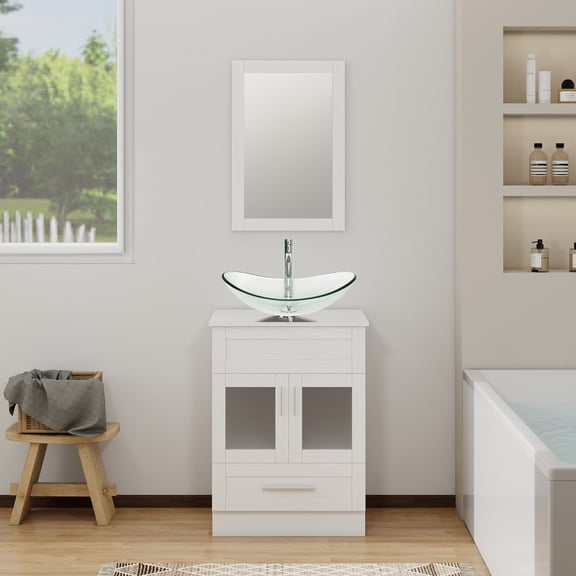 ELECWISH 24" Vanity Bathroom Cabinet with Mirror and Vessel Sink Bowl Faucet Combo Set