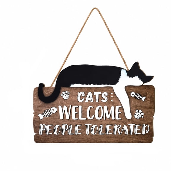 Funny Wood Sign, Cats Welcome Humans Door Decor Wall Hanging Plaque Rustic Wooden Sign for Home Office Entryway Cat Lovers Gift Living Room Ornament, Brown