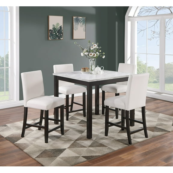 Modern 5pc Counter Height Dining Set Kitchen Dinette Faux Marble Top Table and 4x High Chairs White Faux Leather Cushions Seats Dining Room