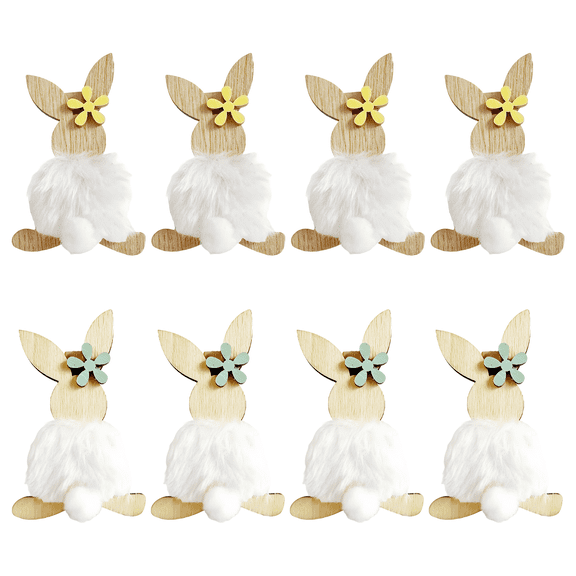 8 Pcs Easter Wood Bunny Clips, Cute Plush Tail Wooden Rabbit Decorations with Yellow and Blue Flower, Rustic Farmhouse Tiered Tray Decor for Easter Home Decorations