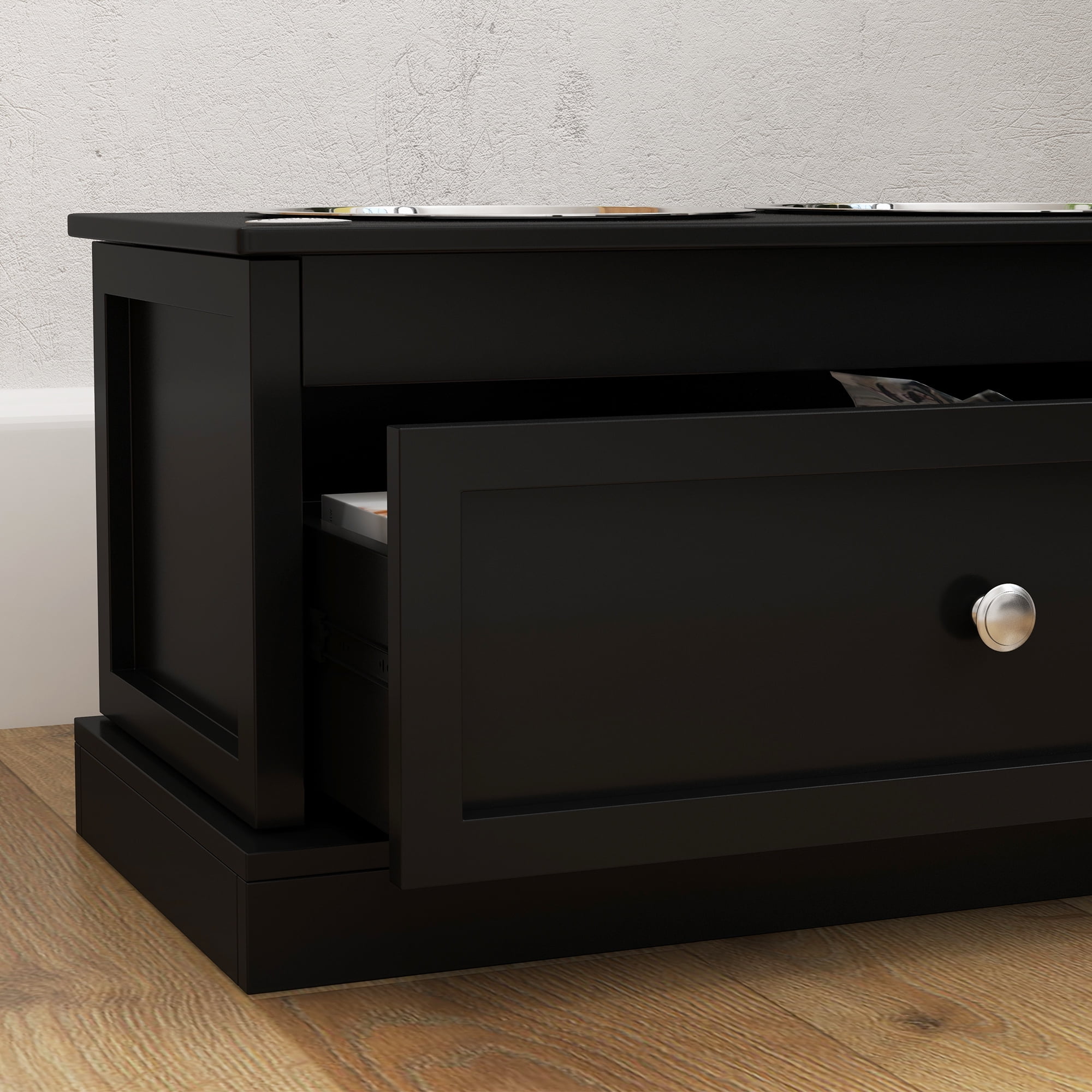 PawHut Large Elevated Dog Bowls with Storage, Raised Dog Bowl Stand, Black