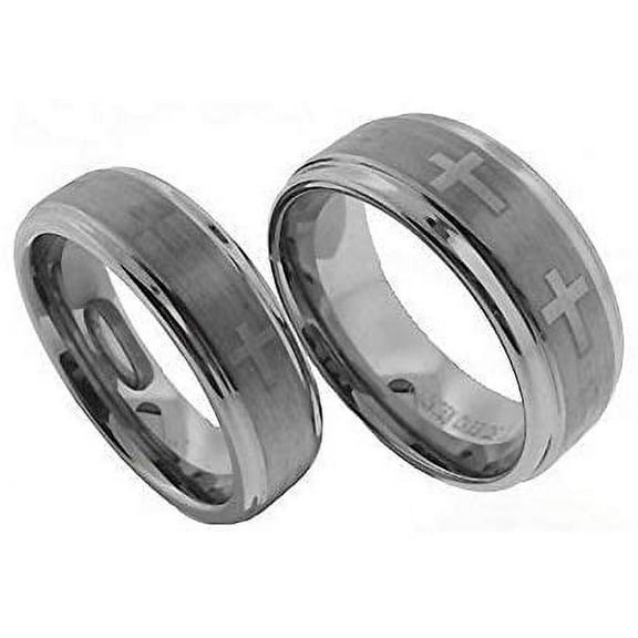 His & Her's 8MM/6MM Brushed Center with Laser Cross Engraved Shiny Edge Tungsten Carbide Wedding Band Ring Set