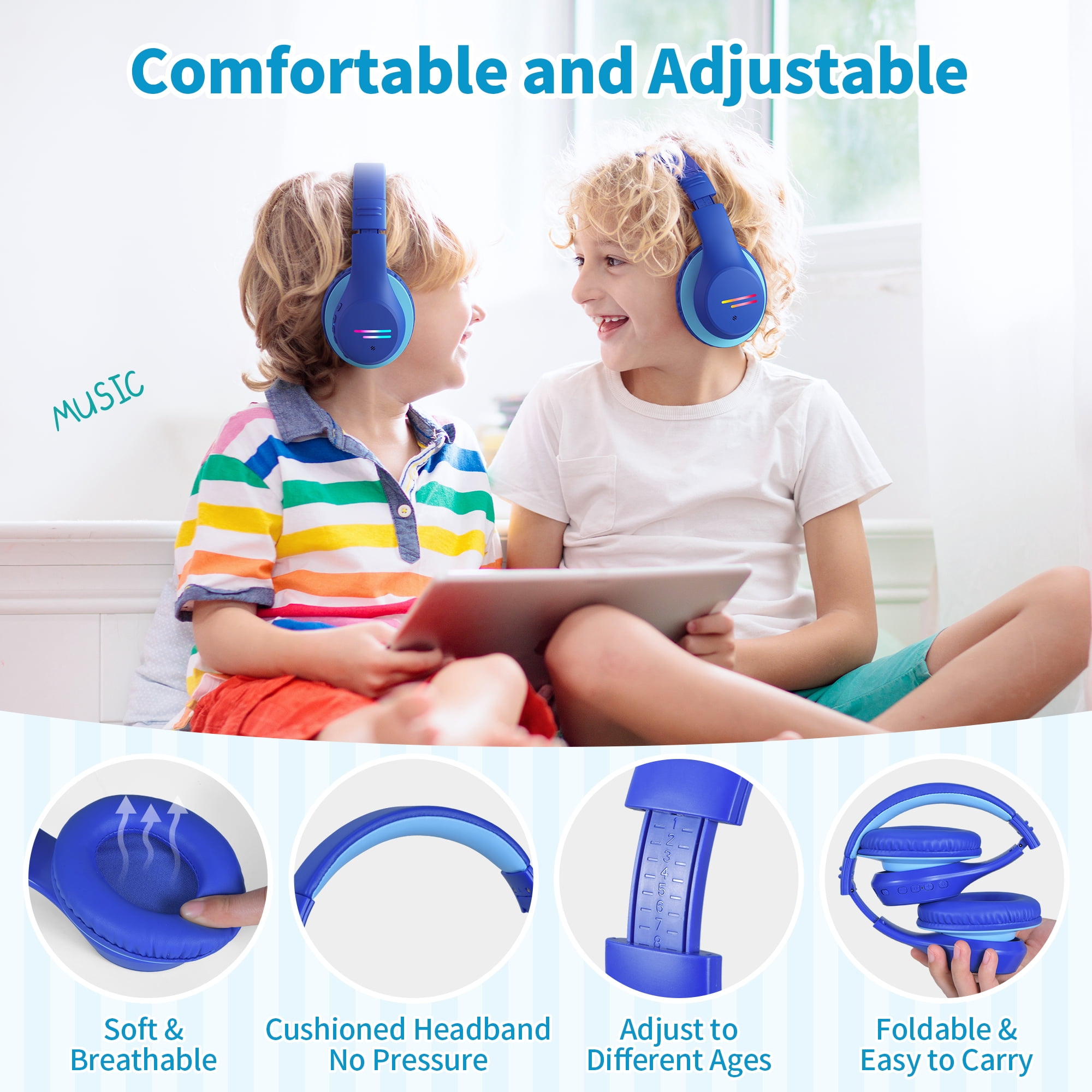 Mpow Kids Headphones Wireless, Kids Headsets with Microphones & Colorful LED Lights, 74/85/94dB Safe Volume, 90H Playtime, Fast Charging, Over Ear Toddler Headphones for School/Tablet/Airplane,Blue