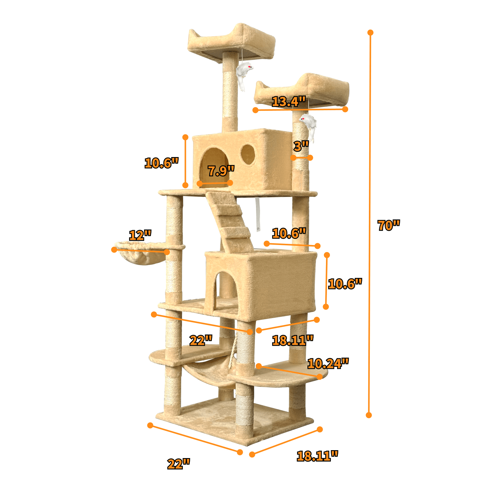 Baohe Indoor Cat Tower 70-Inch Modern Cat Tree with Widened Perch, Ideal for Big Cats & Kittens. Multi-Level Design with Scratching Posts, Tunnel, Basket & Cave Condo